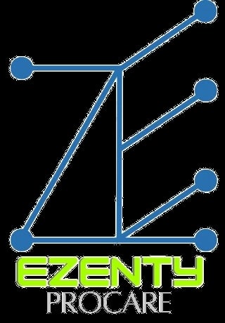 Ezenty Pro Care logo featuring a blue network diagram with connected nodes and vertical lines
